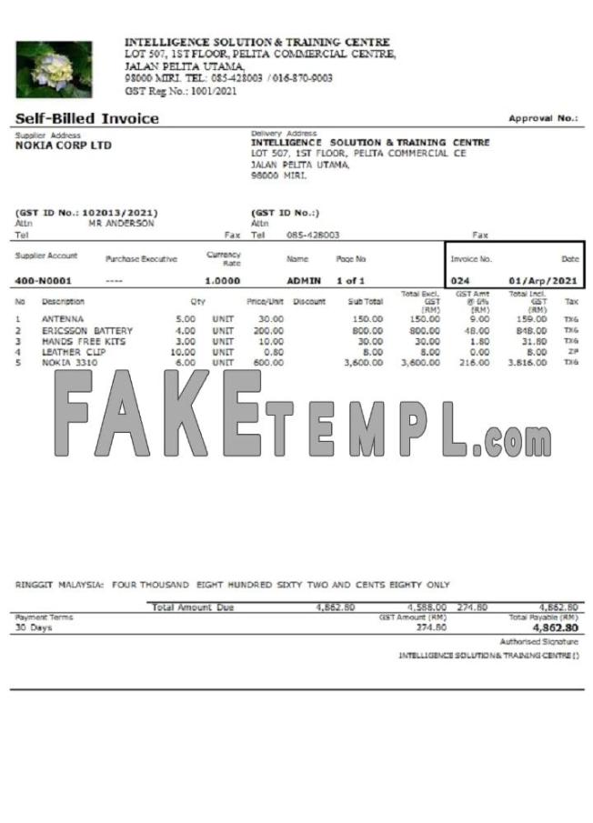 Malaysia Intelligence Solution & Training Centre self-billed fake Invoice Word and PDF template